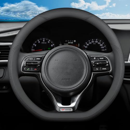 D-Shaped Steering Wheel Cover for Kia Soul K5 Forte Optima Stinger Seltos EV6 2021 2022 2023 2024 2025 2026 Accessories, Black Microfiber Leather with Breathable Holes 14.5-15 inches