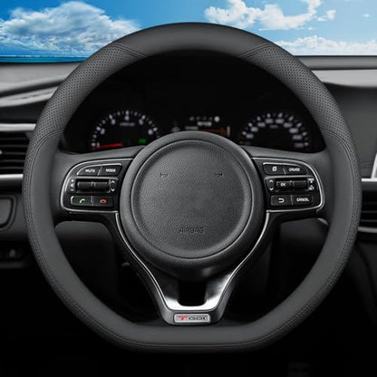 D-Shaped Steering Wheel Cover for Kia Soul K5 Forte Optima Stinger Seltos EV6 2021 2022 2023 2024 2025 2026 Accessories, Black Microfiber Leather with Breathable Holes 14.5-15 inches