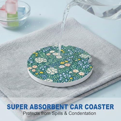 Ceramic Car Coasters, 2 Pack, 2.64" Absorbent Car Cup Holder Coasters, Cute Ceramic Car Coasters for Women, All-Over Floral Pattern - color: All-over Flower