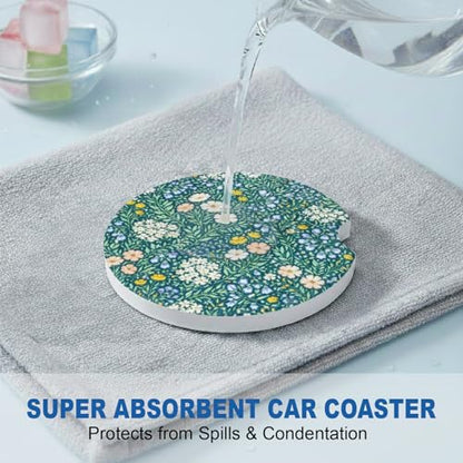 Ceramic Car Coasters, 2 Pack, 2.64" Absorbent Car Cup Holder Coasters, Cute Ceramic Car Coasters for Women, All-Over Floral Pattern - color: All-over Flower