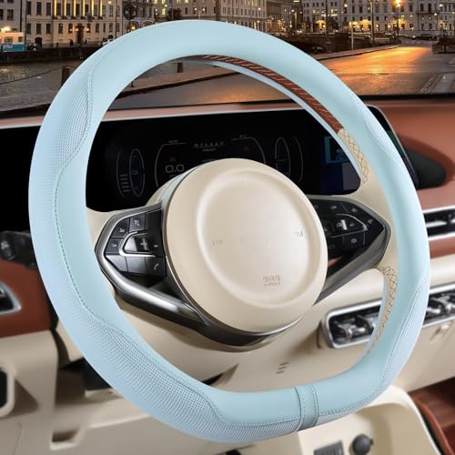 14 inch D Shaped Steering Wheel Cover for Prius Civic, Nappa Microfiber Leather Non-Slip Breathable Fabric, Warm in Winter and Cool in Summer, Blue Small 13.5 inch to 14 inch - color: Blue, size: D Shape-S[13.5''-14'']