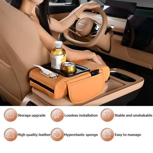 Car Armrest Cushion,5-in-1 Center Console Cover with 2 Storage Bags Cup Holder, Tissue Box Slot, Phone Slot for Sedans, Car Accessories Interior Organizers (Pink)