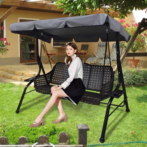 Patio Swing Chair Canopy Replacement,3 Seat Outdoor Porch Swing Seat Canopy Cover,Waterproof Windproof Anti-UV Heavy Duty Rip Proof Garden Hammock Top Garden Furniture Cover Outdoors,L - color: Grey, size: L: 195 x 125 x 15cm / 77'' x 49'' / 5.9''