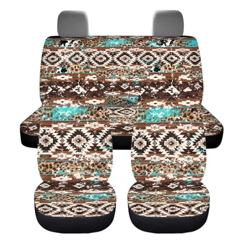 Dreaweet Aztec Brown Cow Seat Covers for Cars Full Set 12 Pcs Universal Car Accessories with Steering Wheel Cover/Armrest Cover/Seat Belt Pads/Coasters/Gear Shift Cover/Handbrake Cover,Universal Fit - color: Aztec Brown Cow