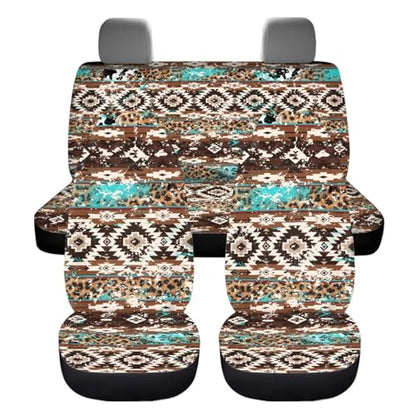 Dreaweet Aztec Brown Cow Seat Covers for Cars Full Set 12 Pcs Universal Car Accessories with Steering Wheel Cover/Armrest Cover/Seat Belt Pads/Coasters/Gear Shift Cover/Handbrake Cover,Universal Fit - color: Aztec Brown Cow