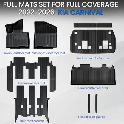 Floor Mats Set for 2022-2025 2026 Kia Carnival 8 Seats(Gas Only), All Weather TPE Backrest Mat Trunk Lower Well Mat Cargo Liner Door Sill Guards Accessories