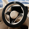 Black Camellia Lambswool Steering Wheel Cover, for Universal Auto Steering Wheel 14.5-15 in, Lambswool Fabric, Anti-Slip, Soft Plush, Comforting and Luxurious, Embroidery Patterns, Soft Texture - color: Black
