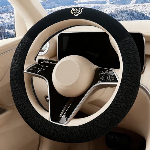 Black Camellia Lambswool Steering Wheel Cover, for Universal Auto Steering Wheel 14.5-15 in, Lambswool Fabric, Anti-Slip, Soft Plush, Comforting and Luxurious, Embroidery Patterns, Soft Texture - color: Black