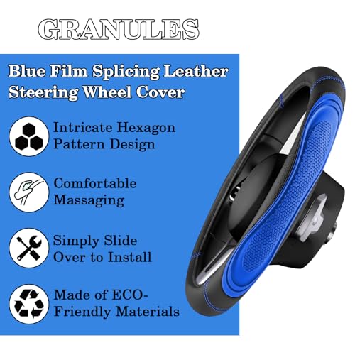 Blue Film Splicing Leather Steering Wheel Cover, Microfiber Leather, Anti-Slip, Breathable, Universal Fit for 14.5–15 in Steering Wheel Cover for Men Women - color: Film-Grained - Blue
