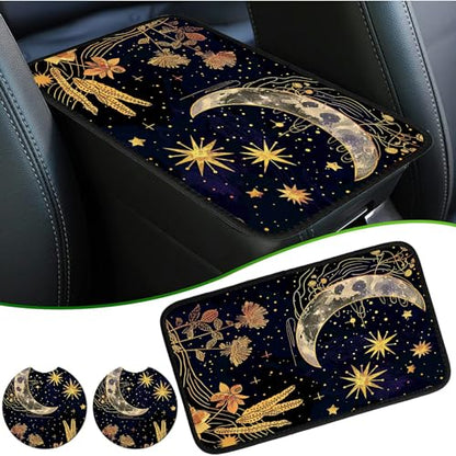 Universal Auto Center Console Pad and 2Pcs Car Coasters Set, Anti Slip Soft Neoprene Car Armrest Seat Box Cover Protector Universal Fit - Car Interior Accessories, Golden Moon Flower - color: 497