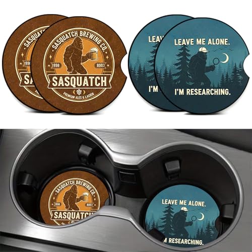 4PCS Bigfoot Research Car Cup Holder Coasters,Sasquatch Study Car Coasters Cars Accessories Interior Decor Universal Neoprene 2.75" Anti-Slip Rubber Mat with Finger Slot,Gifts for Women, Men, Driver - color: Research Bigfoot