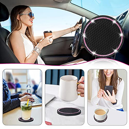 4 Pack Car Coasters, Universal Vehicle Bling Car Coaster, Cute Rhinestone Coaster for Cup Holders,Interior Accessories 2.75'' Silicone Anti Slip Car Coasters for Women (Pink Crystal Circle)