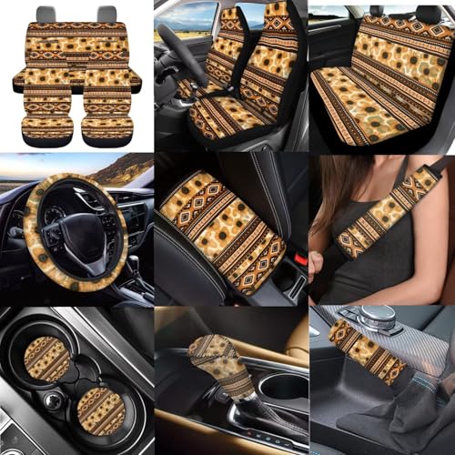 Dreaweet Aztec Sunflower Seat Covers Full Set for Women with Steering Wheel Cover/Center Console Cover/Seatbelt Cover/Car Coasters/Gear Shift Handbrake Cover,Universal Car Accessories for SUV Trucks - color: Aztec Sunflower