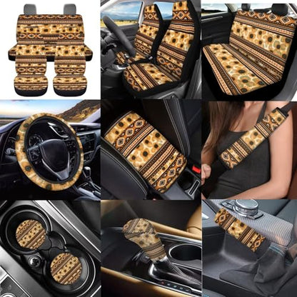 Dreaweet Aztec Sunflower Seat Covers Full Set for Women with Steering Wheel Cover/Center Console Cover/Seatbelt Cover/Car Coasters/Gear Shift Handbrake Cover,Universal Car Accessories for SUV Trucks - color: Aztec Sunflower