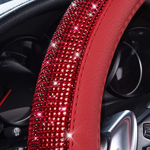 CAR PASS Bling Diamond Leather Steering Wheel Cover, with Bling Sparkly Crystal Glitter Rhinestones Universal Fit 14" 1/2-15" Car Wheel Protect for Women Girl Fit Suvs,Vans,Sedans,Cars,Trucks, Red - color: Red Diamond on Velvet
