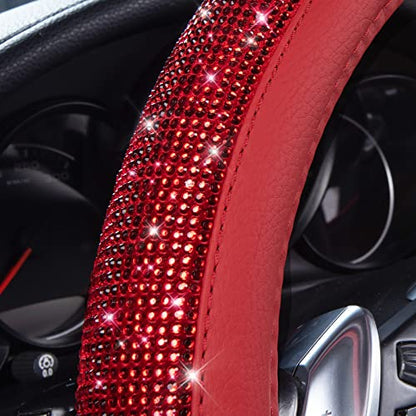CAR PASS Bling Diamond Leather Steering Wheel Cover, with Bling Sparkly Crystal Glitter Rhinestones Universal Fit 14" 1/2-15" Car Wheel Protect for Women Girl Fit Suvs,Vans,Sedans,Cars,Trucks, Red - color: Red Diamond on Velvet