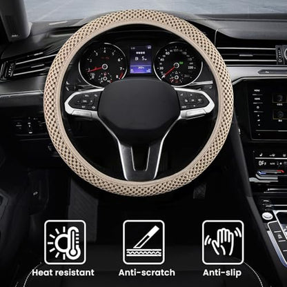 Elastic Stretch Car Steering Wheel Cover, Comfortable Steering Wheel Cover Universal for 14.5-15 Inch, Warm in Winter & Cool in Summer, Anti-Slip Breathable Ice Silk (Beige) - color: Beige