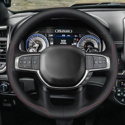 MEWANT Hand Stitch Steering Wheel Cover for Dodge Ram 1500 Laramie Big Horn 2019-2021 Black Faux Leather Steering Wrap - color: Black Faux Leather&Red&Black Thread