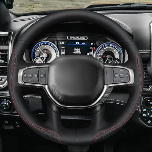 MEWANT Hand Stitch Steering Wheel Cover for Dodge Ram 1500 Laramie Big Horn 2019-2021 Black Real Leather Steering Wrap - color: Black Real Leather&Red&Black Thread