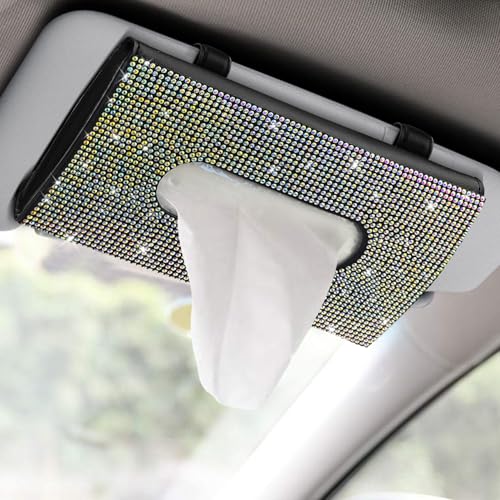 Bling Car Sun Visor Tissue Box Holder, Visor Accessories, Rhinestone PU Leather Crystal Sparkling Napkin Holder, Auto Sun Visor Paper Towel Cover Case Accessories for Most Cars (Colorful) - color: Colorful