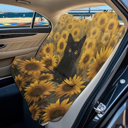 Cat Sunflower Print Waterproof Back Seat Cover, Rear Bench Seat Cover Universal Fit for Cars Sedans SUVs Vans Truck Automotive Interior Backseat Car Covers - color: Cat Sunflower