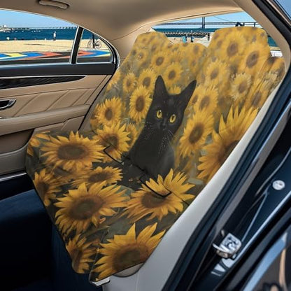 Cat Sunflower Print Waterproof Back Seat Cover, Rear Bench Seat Cover Universal Fit for Cars Sedans SUVs Vans Truck Automotive Interior Backseat Car Covers - color: Cat Sunflower