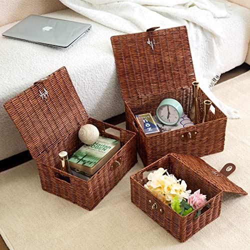 Set of 3 Woven Wicker Storage Basket Box with Lids & Lock, Built-in Carry Handles, Multifunctional Storage Organizer for Nursery, Baby, Clothes, Toys, Books, Large/Medium/Small Size (Natural)