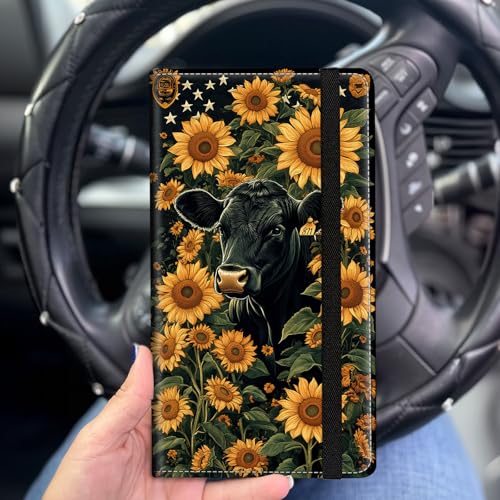 Car Registration and Insurance Holder for Women Men,Automobile License Document Card Holders Vehicle Glove Box Organizer Leather Accessories Driver Essential,Black Cow Sunflower - color: Black Cow Sunflower