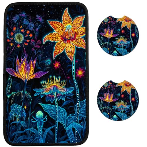 Universal Auto Center Console Pad & 2Pcs Car Coasters Set, Anti Slip Soft Neoprene Car Armrest Seat Box Cover Protector for Most Vehicle - Car Interior Accessories, Artistic Orange Blossom - color: Artistic Orange Blossom