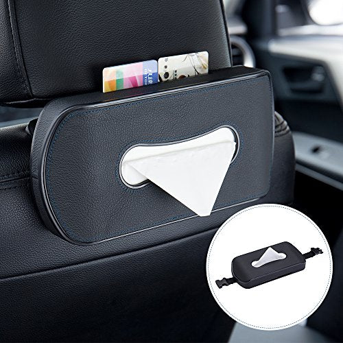 Mr.Ho Black Leather Car Back Seat Headrest Hanging Tissue Holder Case Mount, Multi-use Car Tissue Paper Holder with One Tissue Refill for Car & Truck Decoration - color: 408-bd