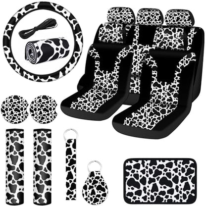 Frienda 17 Pcs Cow Print Car Accessories Set, Includes Seat Covers Set Cow Steering Wheel Cover Armrest Pad Cover Seat Belt Pads Mats Keychain and Wrist Strap for Women Cute Car Interior Decor - style: Cow Print