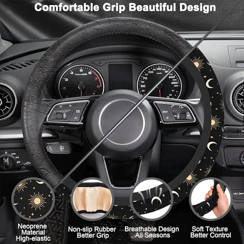 Sun Moon Steering Wheel Cover for Women Girly,Stars and Clouds 15 Inch Non-Slip Breathable Neoprene Steering Wheel Cover Fit Auto,SUVs,Includes 2 PCS Cup Coasters - color: Sun Moon