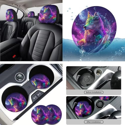 Wolf Rose Moon Print Violet 15 Pcs Car Seat Cover Set, Full Set Car Accessories, Front Rear Seat Covers Steering Wheel Cover Seat Belt Covers Car Coaster - color: Wolf Rose Moon Print Violet