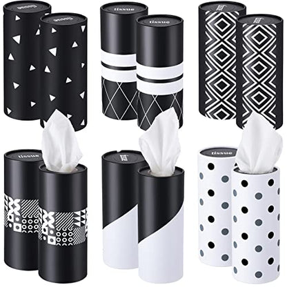 Outus 12 Pcs Geometric Car Tissues Cylinder Holder with 3 Ply Facial Tissue Bulk Black White Round Tissue Holder Travel Tissues Boxes Container for Car Cup Wedding Birthday Party - style: Geometric