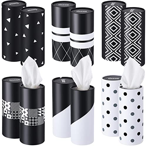Outus 12 Pcs Geometric Car Tissues Cylinder Holder with 3 Ply Facial Tissue Bulk Black White Round Tissue Holder Travel Tissues Boxes Container for Car Cup Wedding Birthday Party - style: Geometric