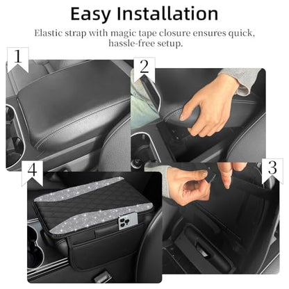 NBTEPEM Bling Car Center Console Cover, Leather Middle Console Cover with 2 Storage Bags, Universal Arm Rest Cover Protector, Bling Car Accessories Interior Fit for Most Vehicles, Silver Diamond