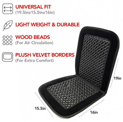 Natural Wood Beaded Car Seat Cover with Plush Velvet Trim – Massaging Cooling Cushion for Car, Truck, SUV, or Office Chair – Universal Fit, Breathable, Comfortable, Relieves Back Pain, Easy to Install