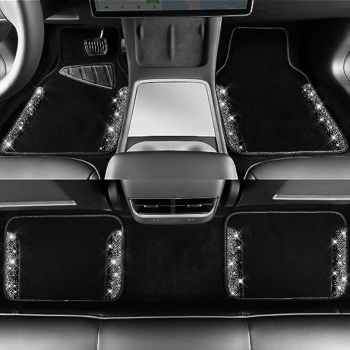 CAR PASS Bling Car Mats Shining Diamond Carpet Crystal Rhinestone Sparkly Glitter Floor Mats with Anti-Slip PVC Pad Universal Fit Automotive SUV,Sedan,Van,4pcs for Girl Women, Black Sliver Diamond - color: AB Silver