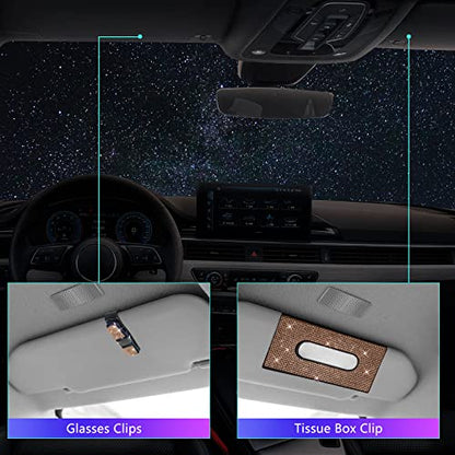 25PCS Bling Car Car Accessories Set,15 Inch Steering Wheel Cover,Shiny License Plate Frame,Center Console Cover and Rearview Mirror Set and Other Car Accessories(Champ) - color: Champagne