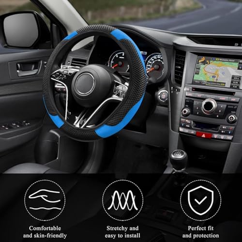 Elastic Stretch Steering Wheel Cover, Warm in Winter and Cool in Summer, Universal 15 inch Microfiber Breathable Ice Silk Anti Slip Car Interior Accessories, Odorless, (Black Blue) - color: Blue
