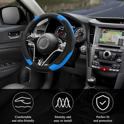 Elastic Stretch Steering Wheel Cover, Warm in Winter and Cool in Summer, Universal 15 inch Microfiber Breathable Ice Silk Anti Slip Car Interior Accessories, Odorless, (Black Blue) - color: Blue