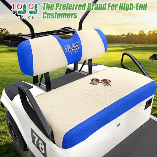 10L0L Golf Cart Seat Covers, Super Comfort Cooler Than Vinyl Seat Cover, Front and Rear Seat Cover for Yamaha EZGO Club Car, No Drilling Breathable Mesh Bench Seat Blanket, Machine Washable - color: Beige + Blue, style: Front Seat - For EZGO TXT & RXV & C