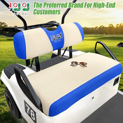 10L0L Golf Cart Seat Covers, Super Comfort Cooler Than Vinyl Seat Cover, Front and Rear Seat Cover for Yamaha EZGO Club Car, No Drilling Breathable Mesh Bench Seat Blanket, Machine Washable - color: Beige + Blue, style: Front Seat - For EZGO TXT & RXV & C