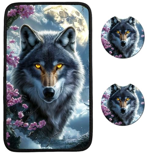 Universal Auto Center Console Pad & 2Pcs Car Coasters Set, Anti Slip Soft Neoprene Car Armrest Seat Box Cover Protector for Most Vehicle - Car Interior Accessories, Cherry Blossom Gray Wolf - color: Cherry Blossom Gray Wolf