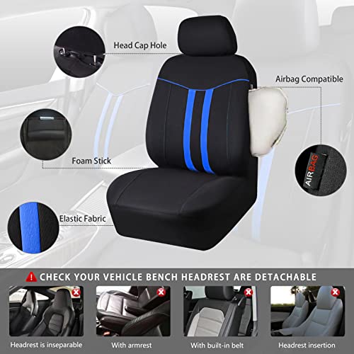 CAR-GRAND Universal Stylish Piping Cloth Car Seat Covers Full Set, Breathable and Washable Seat Covers with Air Compatible,3 Zipper Bench Design,Fit 90% Automotive,SUV,Truck,Sedan (Black-Blue Strips) - color: Black-Blue