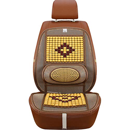 Wood Beaded Comfort Seat Cover with Cooling Ventilated Mesh Lumbar Back Brace Massage Support Cushion for Car Seat Chair - color: Beige