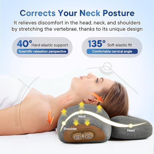 Electric Neck Massager Pillow for Pain Relief Deep Tissue, 3-in-1 Rechargeable Neck Cervical Traction Device with Heat, Massage, Electric Stretch, Ergonomic Neck Shoulder Relaxer
