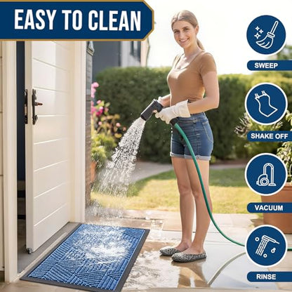 Smiry Front Door Mat Outside Entrance, Heavy Duty Sturdy Natural Rubber Doormat, Trap Dirt and Moisture, Easy Clean Low Profile Mats for Indoor Outdoor Entry, Irregular Triangle (29.5x17, Blue)