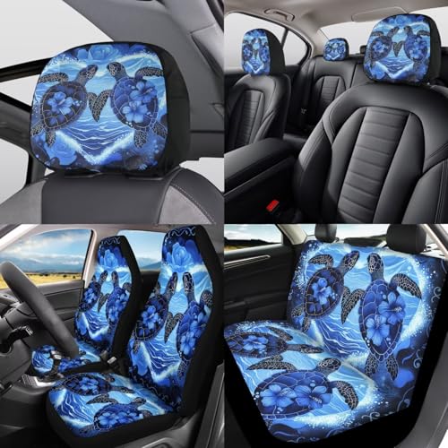Blue Sea Turtle Car Seat Cover Set for Front and Rear with Steering Wheel Cover 12 Piece Headrest Covers Cup Coasters Armrest Pad Car Accessories Set for Cars Seat Covers - color: Blue Sea Turtle