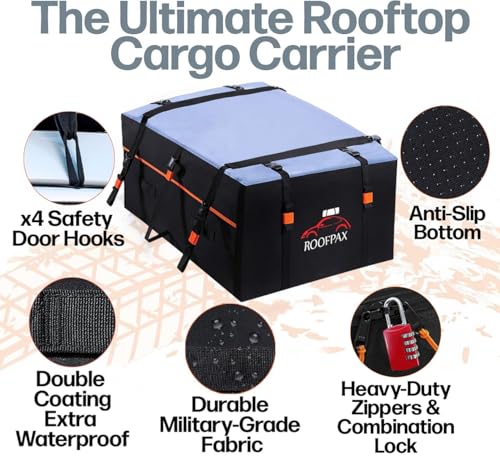 XXL 28 cuft Car Rooftop Cargo Carrier Bag Extra Waterproof Car Roof Storage with 10 Heavy Duty Tie Down Straps and 4 Hooks Roof Bag Cargo Carrier for Top of Vehicle with/Without Rack